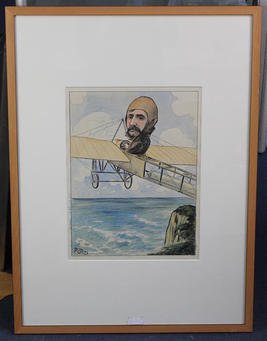 Rostro c.1909 Cartoon of Bleriot in his monoplane flying over the cliffs, 16 x 12in.